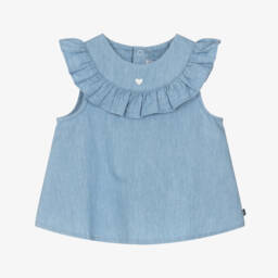 Girls Blue Chambray Blouse with Heart Embroidery