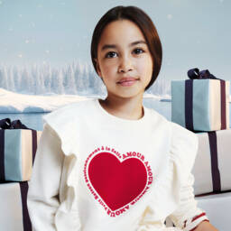 Petit Bateau-Girls Ivory Cotton Ruffle Sweatshirt with Flocked Red Heart  | Childrensalon