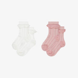 Petit Bateau-Girls Pink & White Ruffle Socks (2 Pack) | Childrensalon