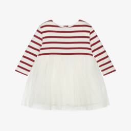 Petit Bateau-Girls Red & Ivory Striped Cotton Jersey & Tulle Dress | Childrensalon