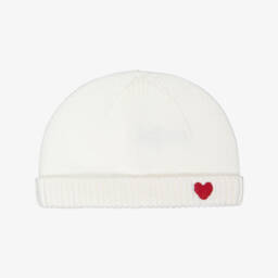Petit Bateau-Ivory Knitted Cotton Baby Hat with Embroidered Heart | Childrensalon