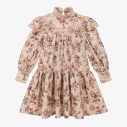 Petite Amalie-Girls Beige Needlecord Floral Print Dress | Childrensalon