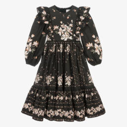 Petite Amalie-Girls Black & Peach Pink Floral Cotton Dress with Ruffles | Childrensalon