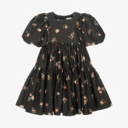 Petite Amalie-Girls Black & Pink Floral Cotton Dress with Puffed Sleeves | Childrensalon