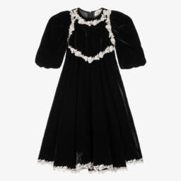 Petite Amalie-Girls Black Velvet Dress with White Lace Trim | Childrensalon