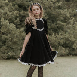 Petite Amalie-Girls Black Velvet Dress with White Lace Trim | Childrensalon