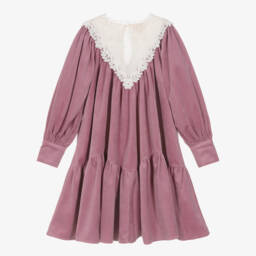 Petite Amalie-Girls Dusk Purple Dress with Ivory Lace Panel | Childrensalon