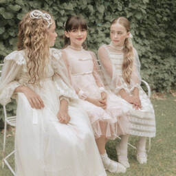 Petite Amalie-Girls Ivory Tulle Dress with Floral Embroidery | Childrensalon