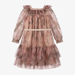 Petite Amalie-Girls Pink & Beige Floral Tulle Dress | Childrensalon