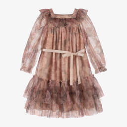 Petite Amalie-Girls Pink & Beige Floral Tulle Dress | Childrensalon
