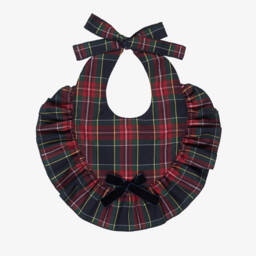 Baby Girls Red & Blue Tartan Frilly Bib with Velvet Bow