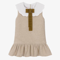 Phi Clothing-فستان بياقة مزينة بفيونكة جيرسي فلافي لون بيج | Childrensalon