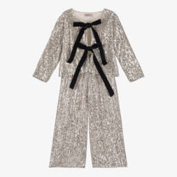 Phi Clothing-Girls Beige Sequinned Trouser Set with Black Velvet Bows | Childrensalon