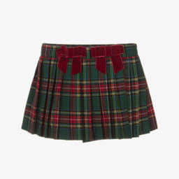 Phi Clothing-Girls Green Tartan Pleated Skirt with Red Velvet Bows | Childrensalon