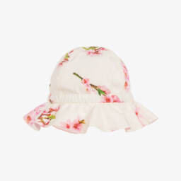 Girls Ivory & Pink Blossom Print Cotton Sun Hat