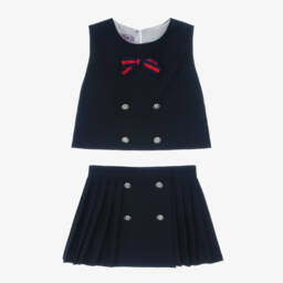 Phi Clothing-Girls Navy Blue Skirt Set with Ribbon Bows | Childrensalon
