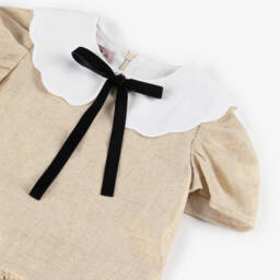 Phi Clothing-Girls Pale Gold Dress with Scalloped Collar & Velvet Bow | Childrensalon