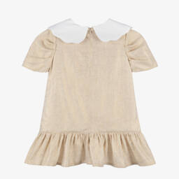 Phi Clothing-Girls Pale Gold Dress with Scalloped Collar & Velvet Bow | Childrensalon