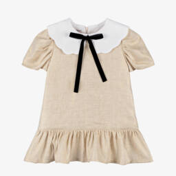 Phi Clothing-Girls Pale Gold Dress with Scalloped Collar & Velvet Bow | Childrensalon