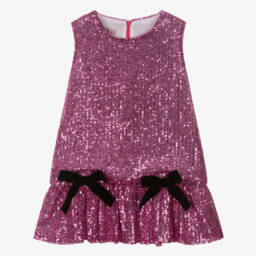 فستان ترتر مزين بفيونكات مخملية لون زهري للبنات