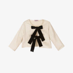 Phi Clothing-Girls Silvery Beige Linen Bow Cardigan | Childrensalon