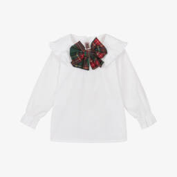 Girls White Cotton Blouse with Green Tartan Bow