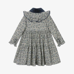 Piccola Speranza-فستان قطن بياقة مخملية وطبعة ورود لون أزرق | Childrensalon