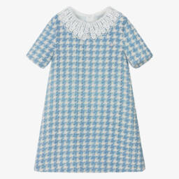 Piccola Speranza-Girls Blue Wool Tweed Dress with Lace Collar | Childrensalon