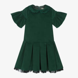 Piccola Speranza-فستان مخمل مزين بروش فيونكة لون أخضر | Childrensalon