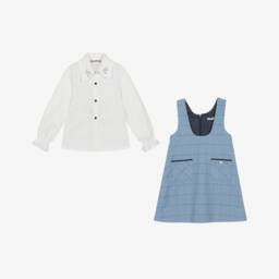 Piccola Speranza-Girls Ivory Blouse & Blue Pinafore Dress Set | Childrensalon