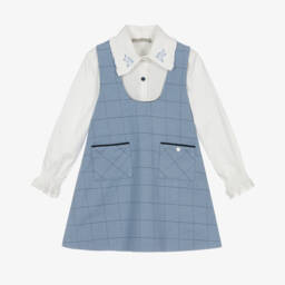 Piccola Speranza-Girls Ivory Blouse & Blue Pinafore Dress Set | Childrensalon