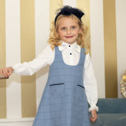 Piccola Speranza-Girls Ivory Blouse & Blue Pinafore Dress Set | Childrensalon