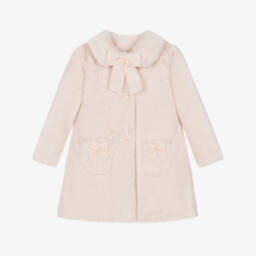 Piccola Speranza-Girls Pink Faux Fur Coat with Velvet Bows | Childrensalon
