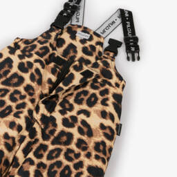Pilguni-Beige Leopard Print Ski Salopettes with Logo Shoulder Straps | Childrensalon