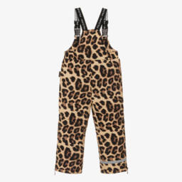 Pilguni-Beige Leopard Print Ski Salopettes with Logo Shoulder Straps | Childrensalon