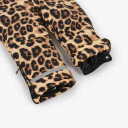 Pilguni-Beige Leopard Print Ski Salopettes with Logo Shoulder Straps | Childrensalon