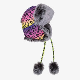 Girls Pink Leopard Print & Faux Fur Trapper Hat