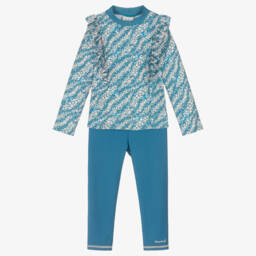 طقم سباحة لون أزرق بطبعة ورود للبنات (UPF50+)