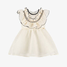 POCA & POCA-Girls Ivory & Black Textured Georgette Dress with Pearl Trim | Childrensalon