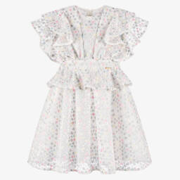 POCA & POCA-Girls Ivory Tulle Dress with Embroidered Pink & Silver Hearts | Childrensalon