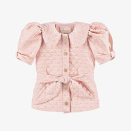 Girls Pink Belted Blouse with Embroidered Gold Quilting 