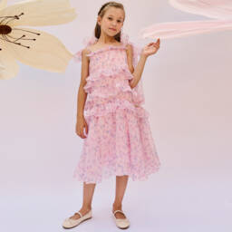POCA & POCA-Girls Pink Floral Print Chiffon Dress Set | Childrensalon