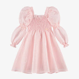 POCA & POCA-Girls Pink Shirred Textured Jacquard Dress | Childrensalon