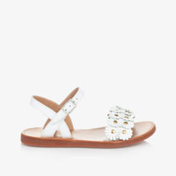 Pom d'Api-Girls White Leather Daisy Sandals | Childrensalon