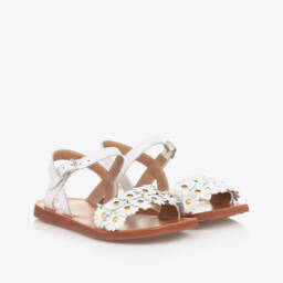 Pom d'Api-Girls White Leather Daisy Sandals | Childrensalon