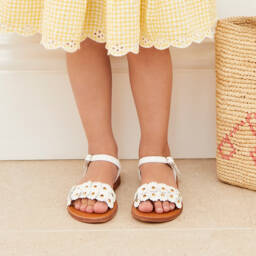 Pom d'Api-Girls White Leather Daisy Sandals | Childrensalon