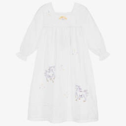 Powell Craft-Girls White Cotton Unicorn Nightdress | Childrensalon