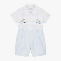 Pretty Originals-Boys White & Blue Smocked Rocking Horse Buster Suit | Childrensalon