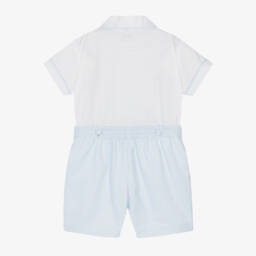 Pretty Originals-Boys White & Blue Smocked Rocking Horse Buster Suit | Childrensalon