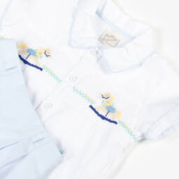Pretty Originals-Boys White & Blue Smocked Rocking Horse Buster Suit | Childrensalon